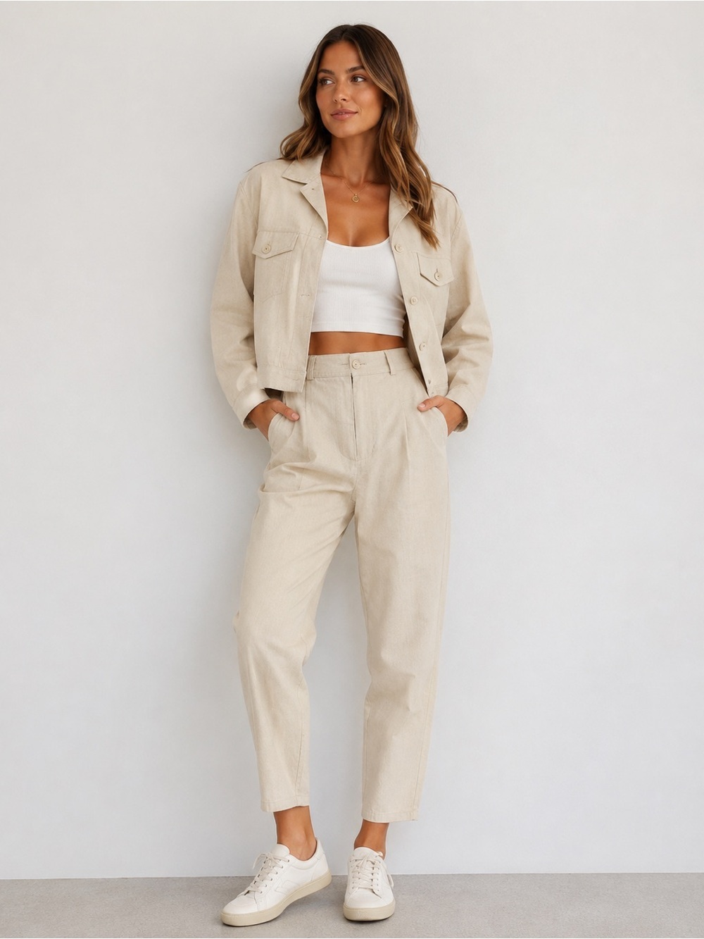 VTG 90s SK & Company Linen Blend Matching Set Beige Jacket & Pants Size M